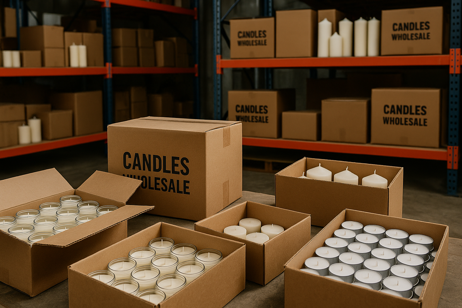 Realistic photograph of a candle company wholesale warehouse with candle jars, boxes, and inventory